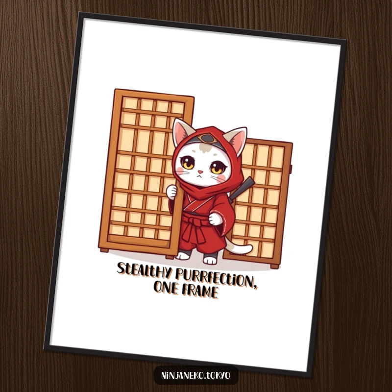 Funny Free Printable Ninja Cat Wall Art, a mischievous cat warrior in a red kimono lurking behind a traditional Japanese screen.