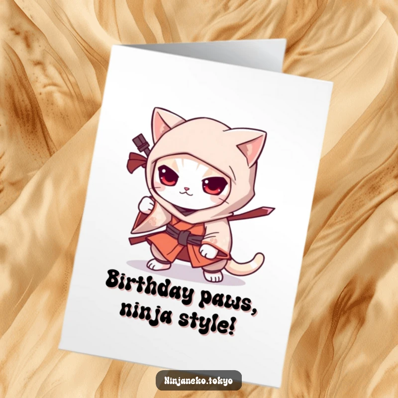 Funny Free Printable Birthday Card: A ninja cat in a kimono crouches, ready to pounce with hilarious birthday wishes.
