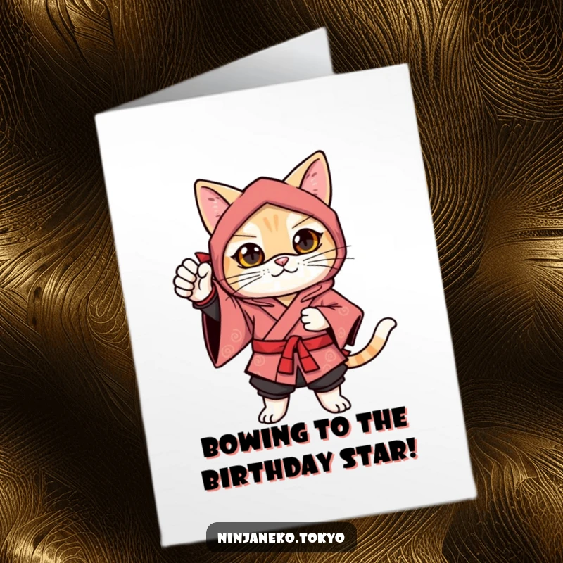 Funny Free Printable Ninja Cat Birthday Card: A festive ninja cat in a kimono strikes a confident pose, one paw raised in a bow.
