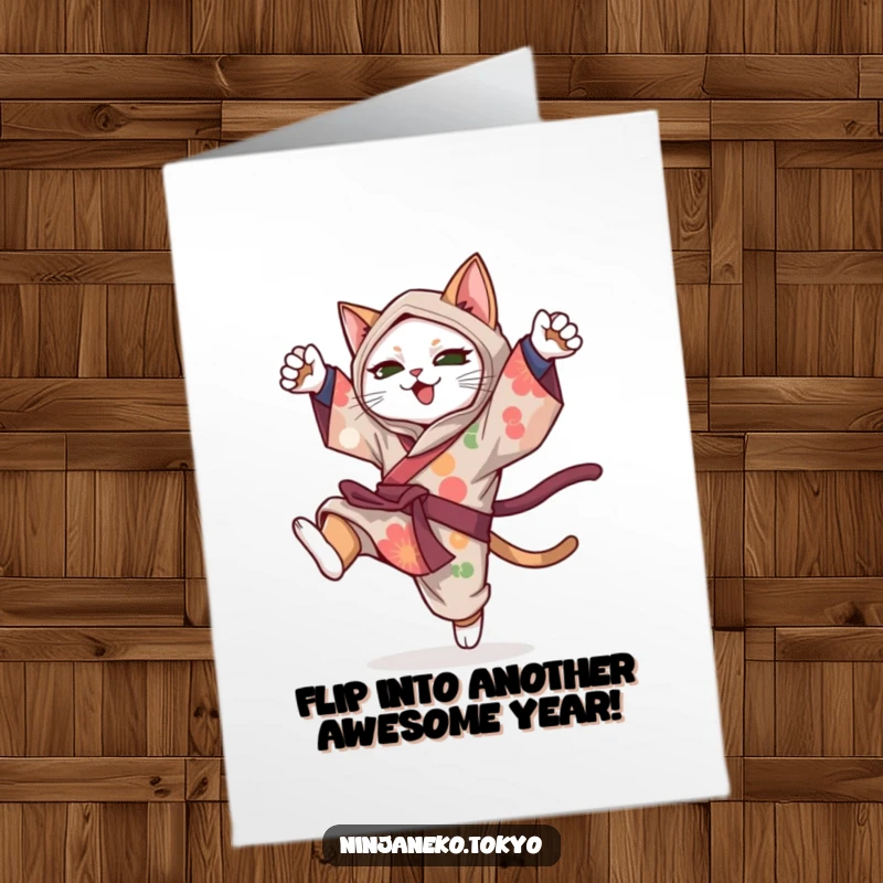 Funny Free Printable Ninja Cat Birthday Card: A vibrant kimono-clad cat doing a playful somersault, ready for celebration.