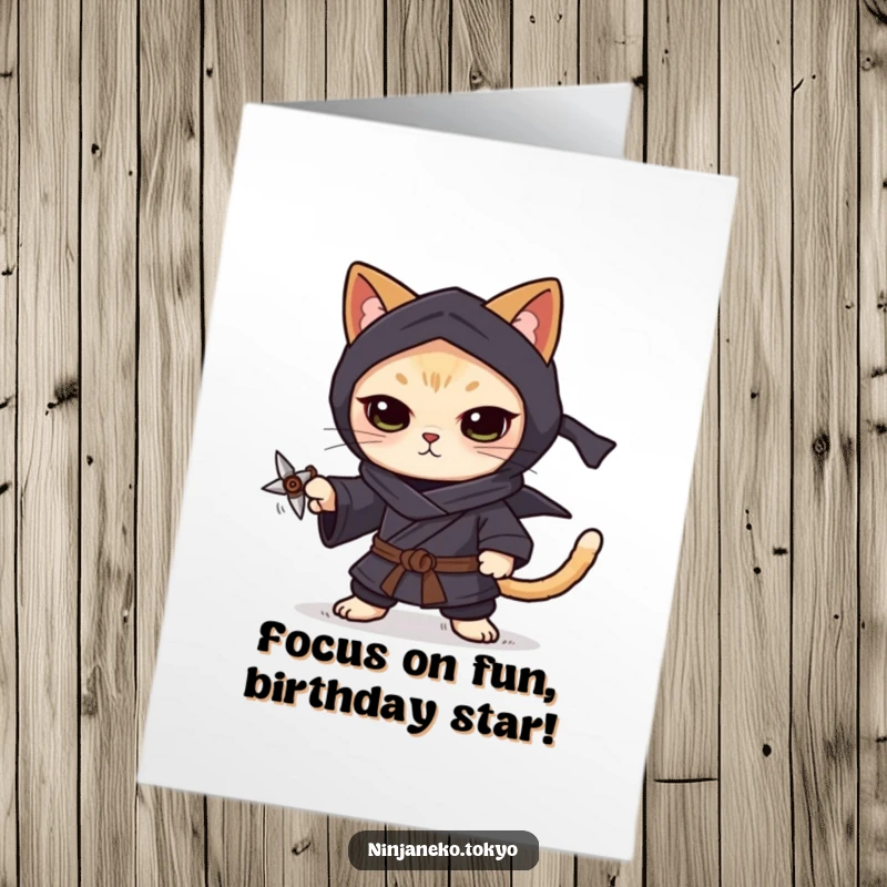 Funny Free Printable Ninja Cat Birthday Card showing a focused cat in a dark kimono balancing a shuriken.