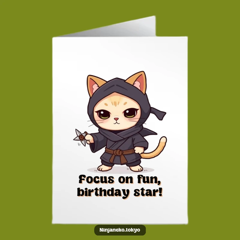 Free Printable Ninja Cat Birthday Card: Focused Shuriken Cat Downloadable