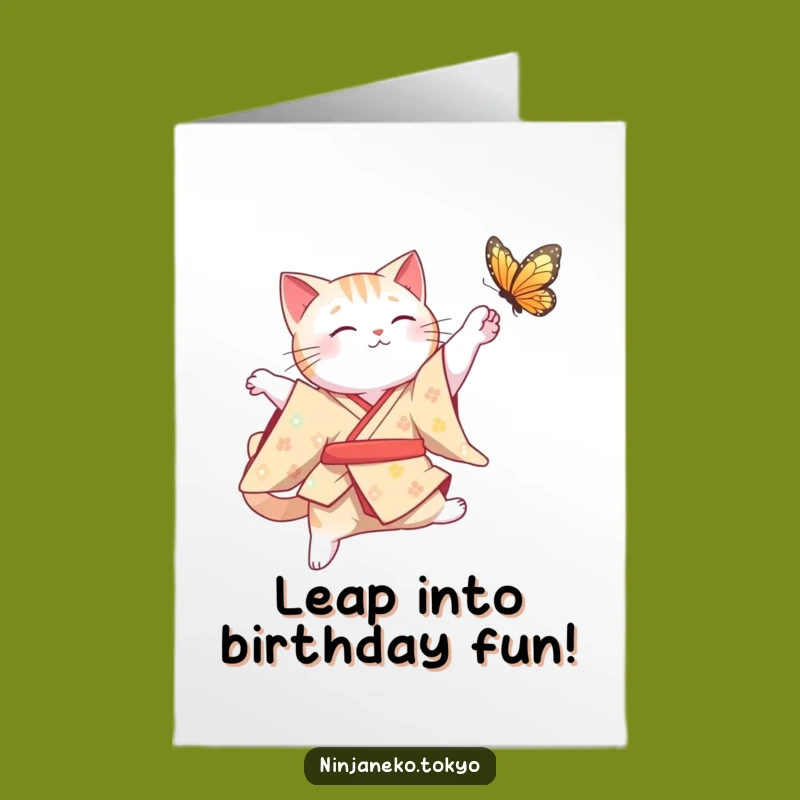 Free Printable Birthday Card: Cat Kimono Butterfly Funny Downloadable Gift