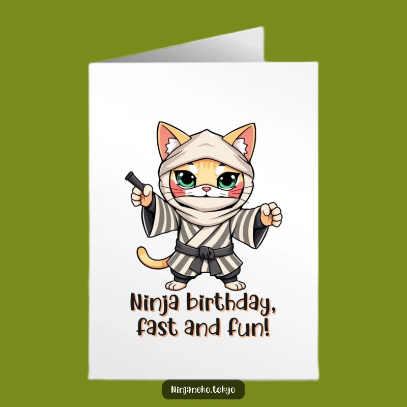 Free Printable Birthday Card: Ninja Cat Kimono Funny Downloadable Gift