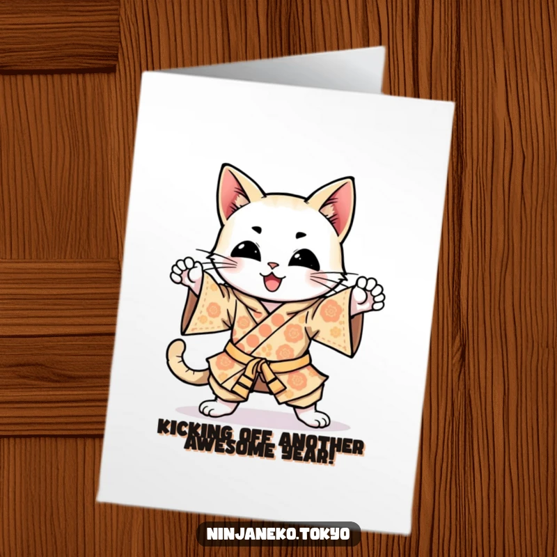 Funny Free Printable Happy Cat Birthday Card featuring a cat in a kimono doing enthusiastic ninja kicks.