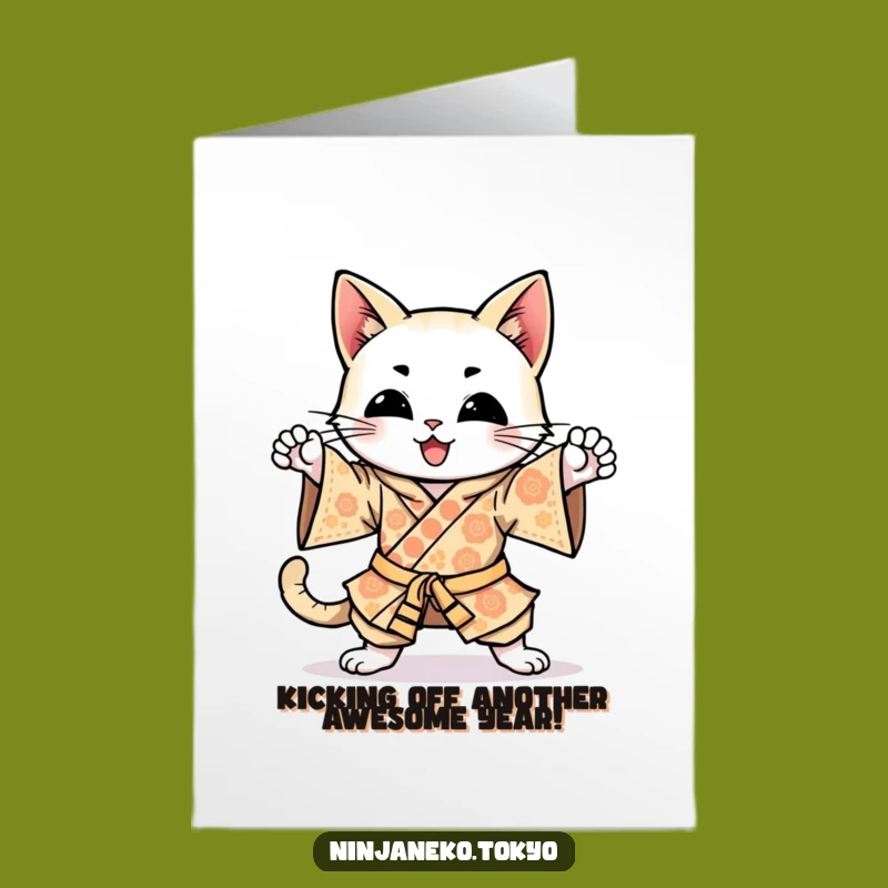 Free Printable Happy Cat Birthday Card: Energetic Ninja Cat Downloadable Gift
