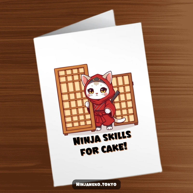 Funny Free Printable Ninja Cat Birthday Card, a stealthy feline in a red kimono peeking mischievously from behind a screen.