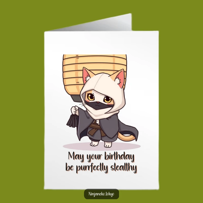 Free Printable Ninja Cat Birthday Card: Funny Cat in Kimono Downloadable Gift