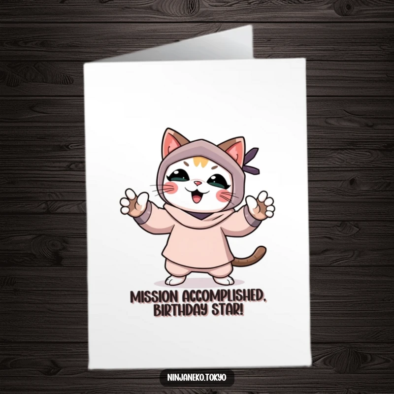 Funny Free Printable Ninja Cat Birthday Card: A stealthy feline celebrates a mission with paws outstretched, offering a downloadable laugh.