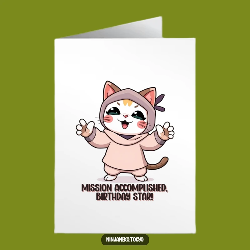 Free Printable Ninja Cat Birthday Card: Funny Downloadable Mission Accomplished Gift