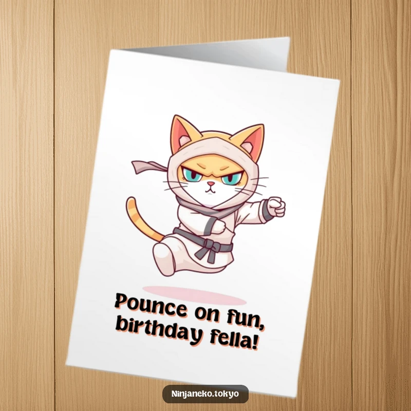 Funny Free Printable Birthday Card: Determined ninja cat in mid-air kick, ready to celebrate with epic moves.