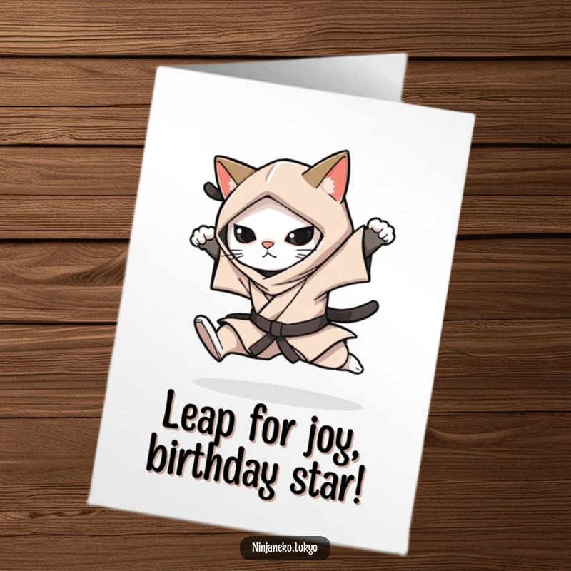 Funny Free Printable Birthday Card: A ninja cat in a stealthy kimono performs a silent leap, ready to deliver birthday cheer.