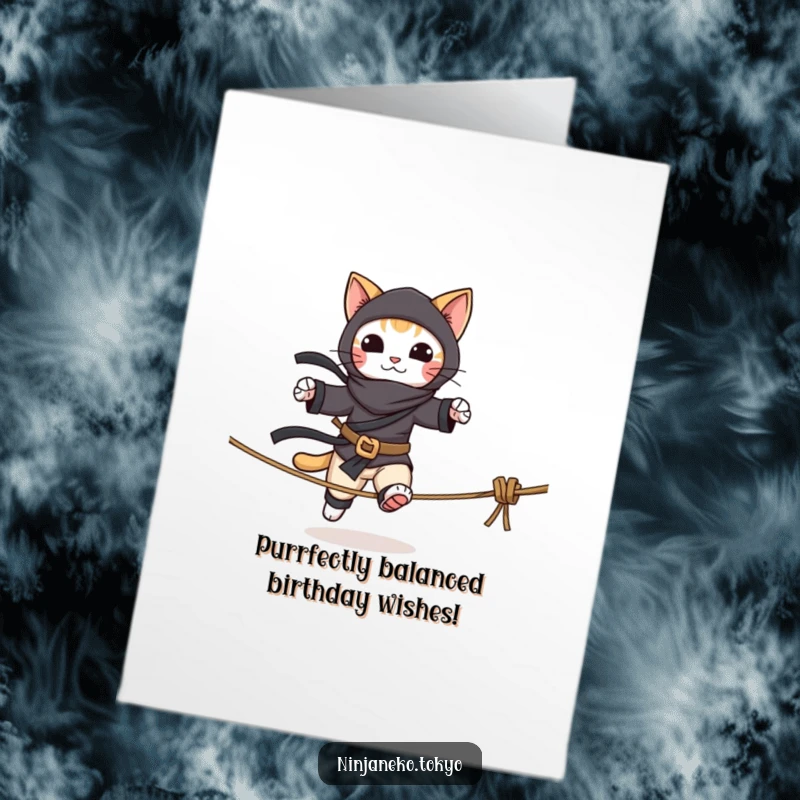 Funny Free Printable Birthday Card: Playful cat dressed as a ninja, wobbling on a rope tightrope.