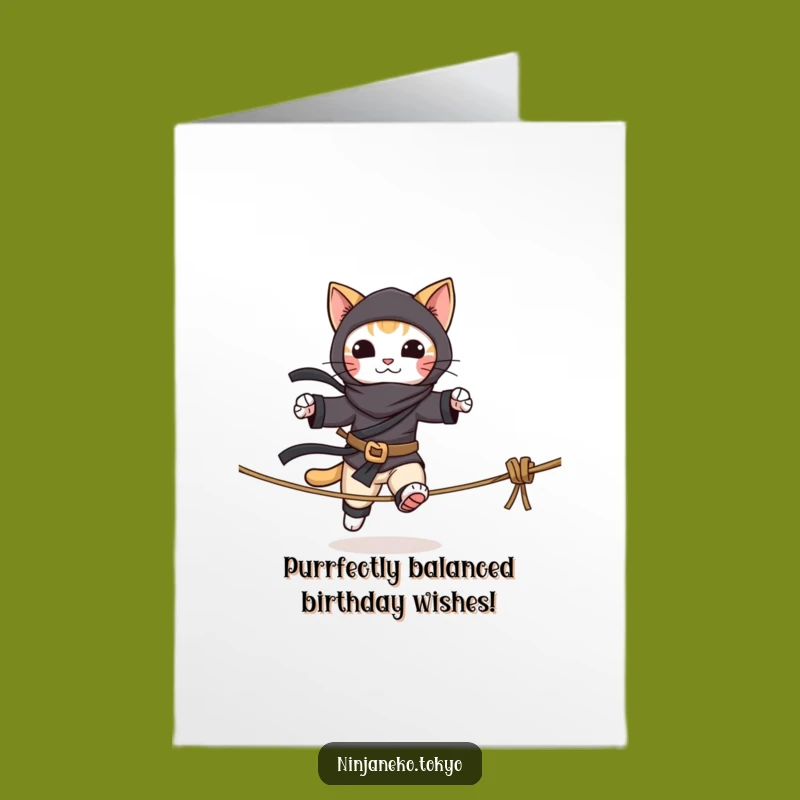 Funny Free Printable Birthday Card: Ninja Cat Tightrope, Downloadable Card