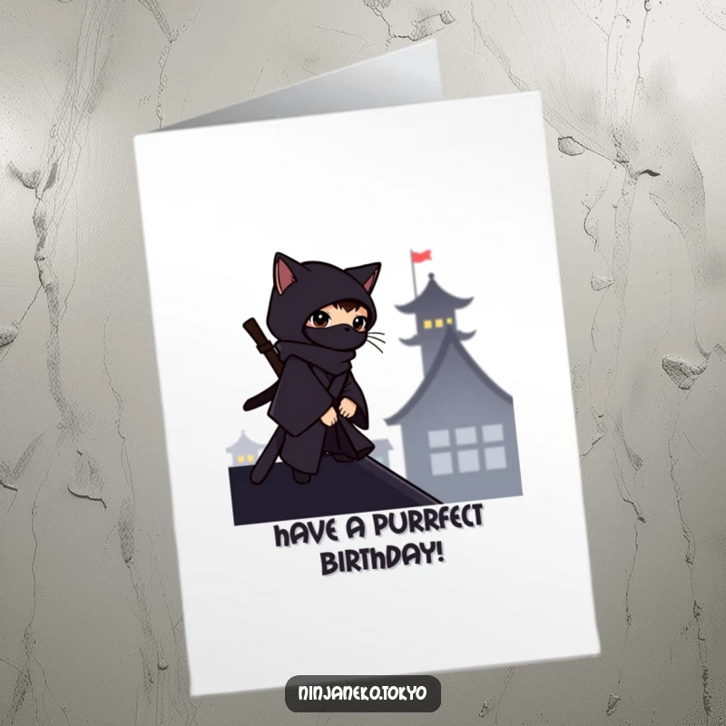 Funny Free Printable Birthday Card: A ninja cat in a dark kimono observes silently from a rooftop silhouette.
