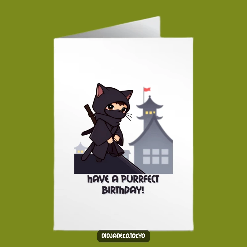 Free Printable Birthday Card: Ninja Cat Rooftop - Mysterious, Funny Downloadable Gift for Him
