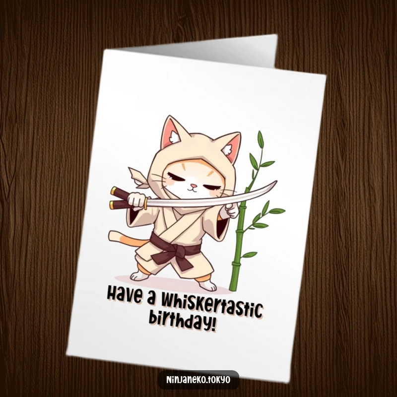 Funny Free Printable Birthday Card: Adorable ninja cat in a kimono playfully sparring with a bamboo stalk, celebrating a special day.