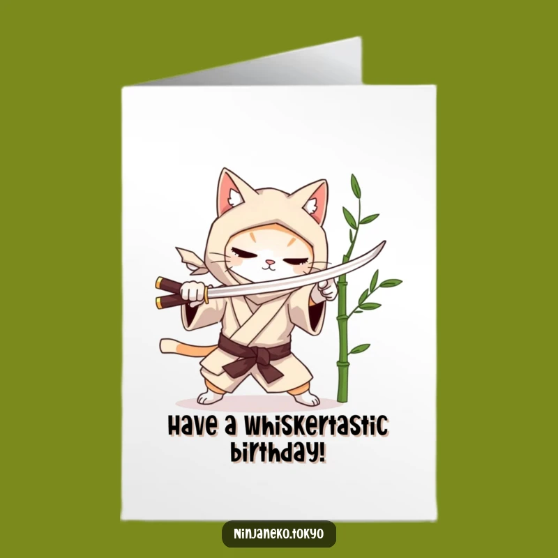 Free Printable Ninja Cat Birthday Card: Mock Sword Fun Downloadable Gift
