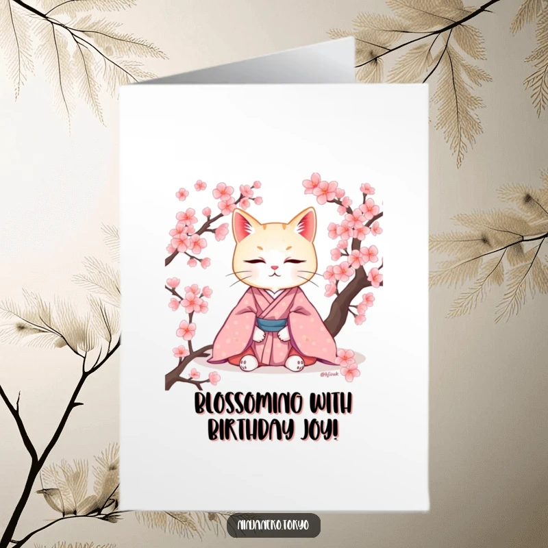 Elegant Free Printable Birthday Card: A serene cat in a kimono meditating under cherry blossoms.