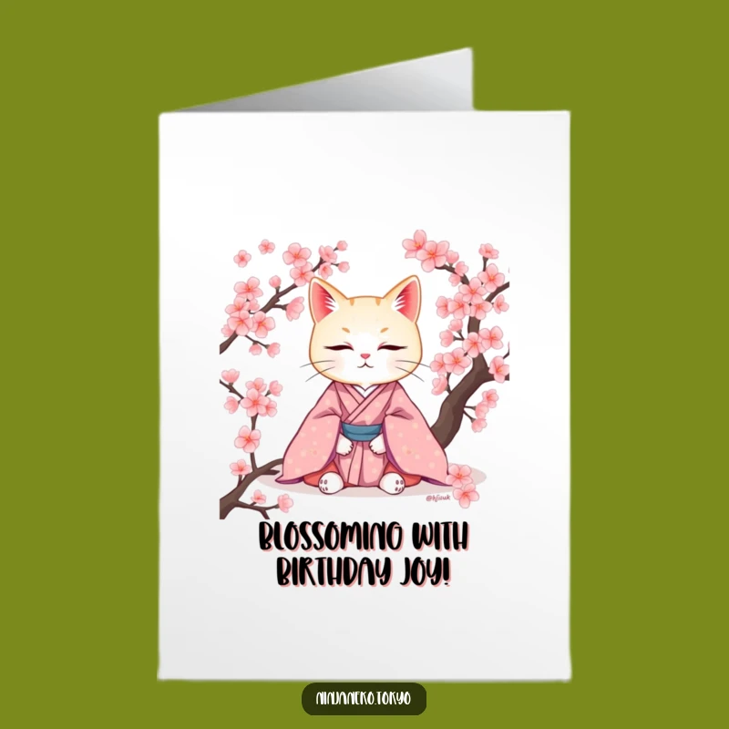 Peaceful Free Printable Birthday Card: Zen Cat, Cherry Blossoms, Downloadable