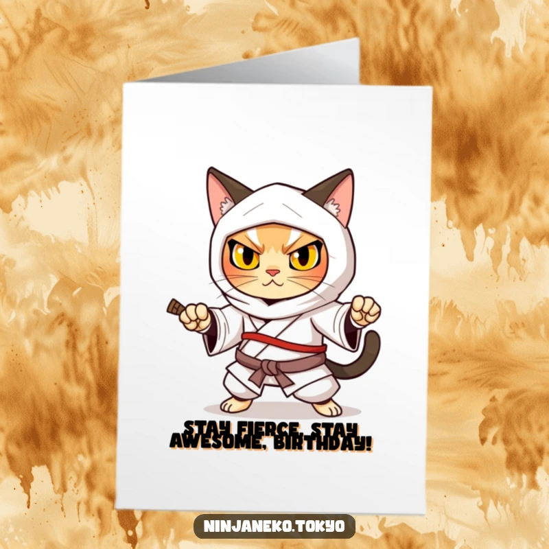 Funny Free Printable Ninja Cat Birthday Card: A ninja cat in a kimono in a strong defensive stance, exuding determination.