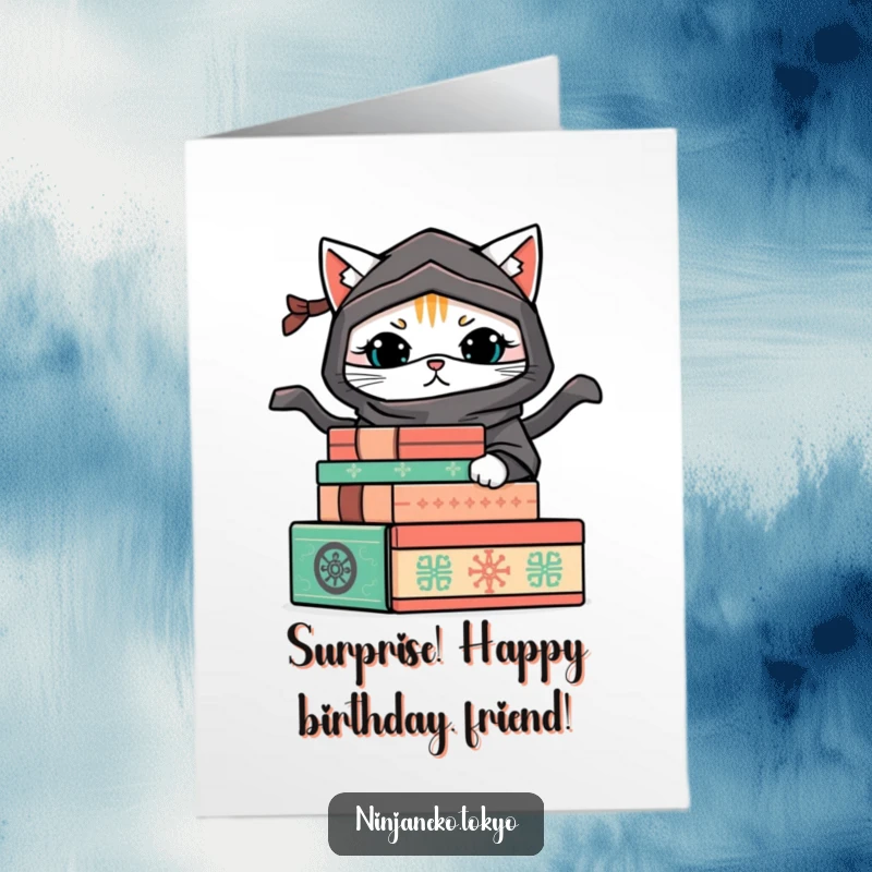 Funny Free Printable Birthday Card: A mischievous ninja cat peeking from behind decorative boxes.