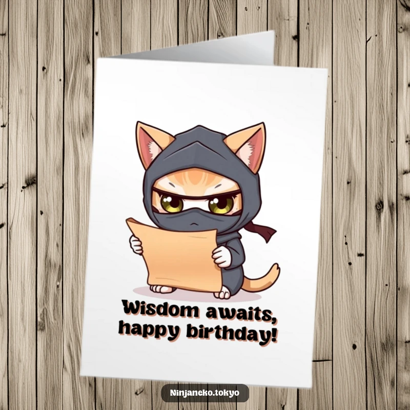 Funny Free Printable Birthday Card: A curious ninja cat intently examining a tiny scroll.