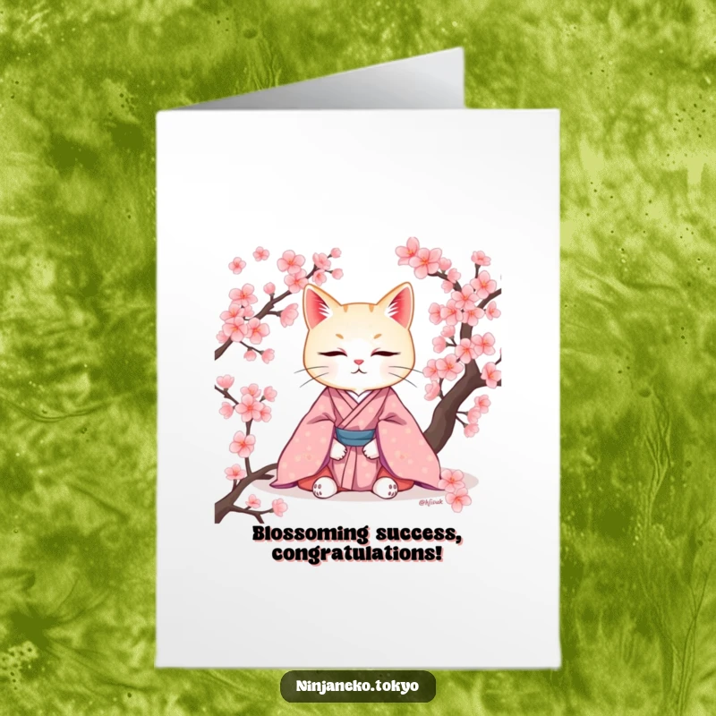 Elegant Free Printable Congratulations Card: A cat in a kimono meditating serenely amidst cherry blossoms.