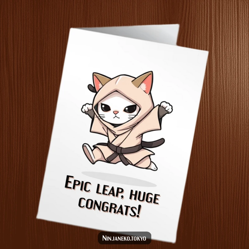 Free Printable Congratulations Card: A ninja cat in a stealthy kimono executes a silent leap, celebrating success with flair.