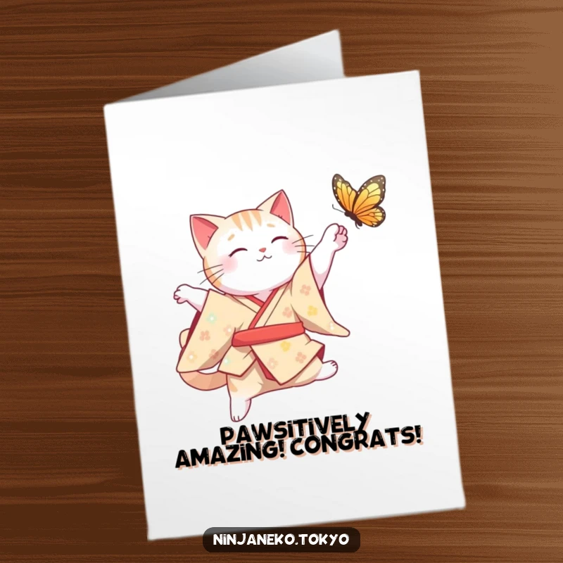 Funny Free Printable Congrats Card: A cat in a traditional kimono leaping gracefully to catch a butterfly, celebrating wins.
