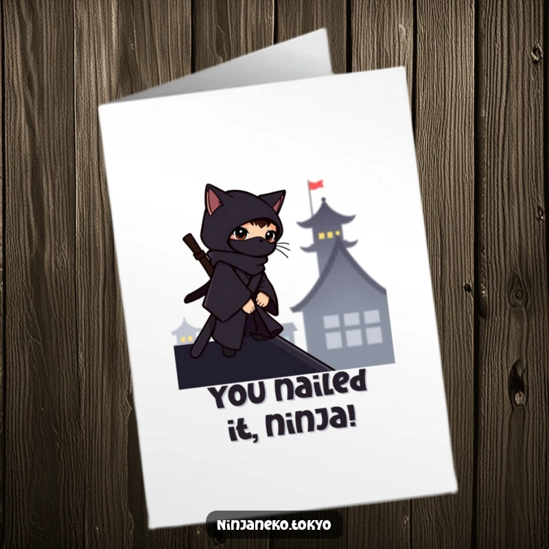 Funny Free Printable Congrats Card: A ninja cat in a dark kimono watches from a rooftop silhouette.