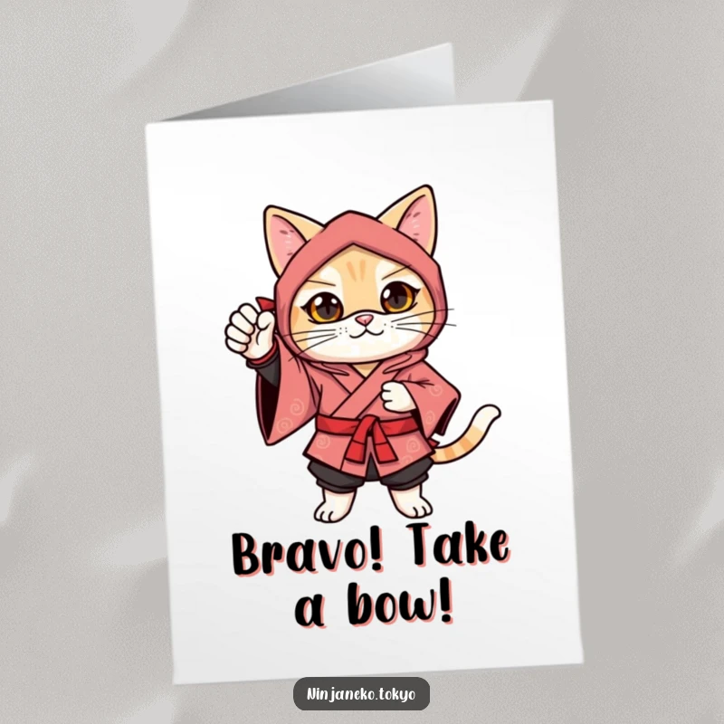 Funny Free Printable Ninja Cat Congratulations Card: A festive ninja cat in a kimono confidently bows, celebrating a triumphant moment.