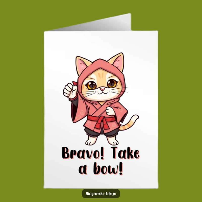 Free Printable Ninja Cat Congrats Card: Confident Feline Victory Downloadable