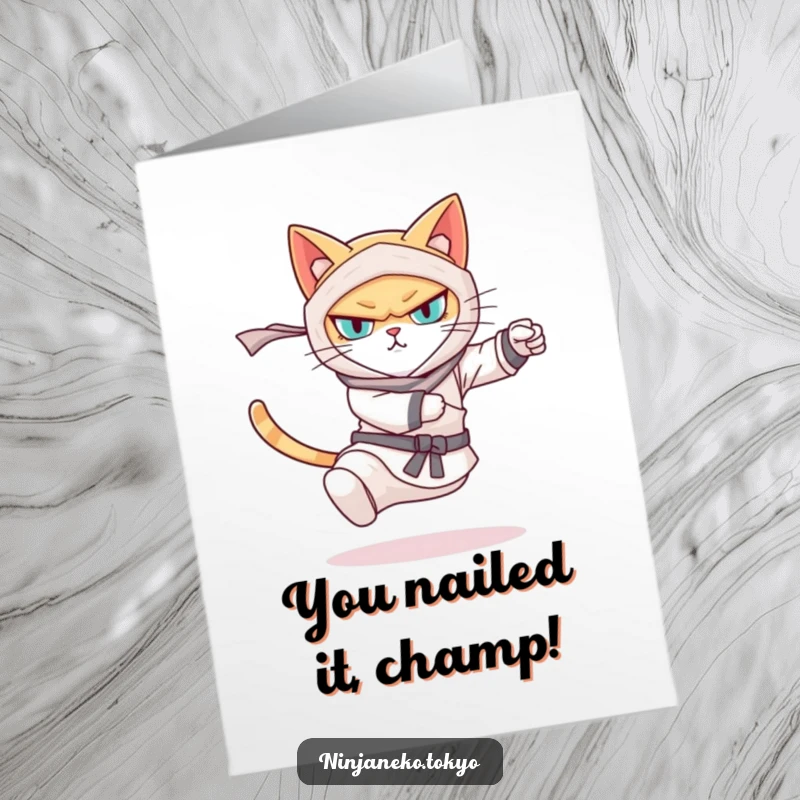 Funny Free Printable Congrats Card: Energetic ninja cat delivering a celebratory high kick, perfect for acknowledging success.