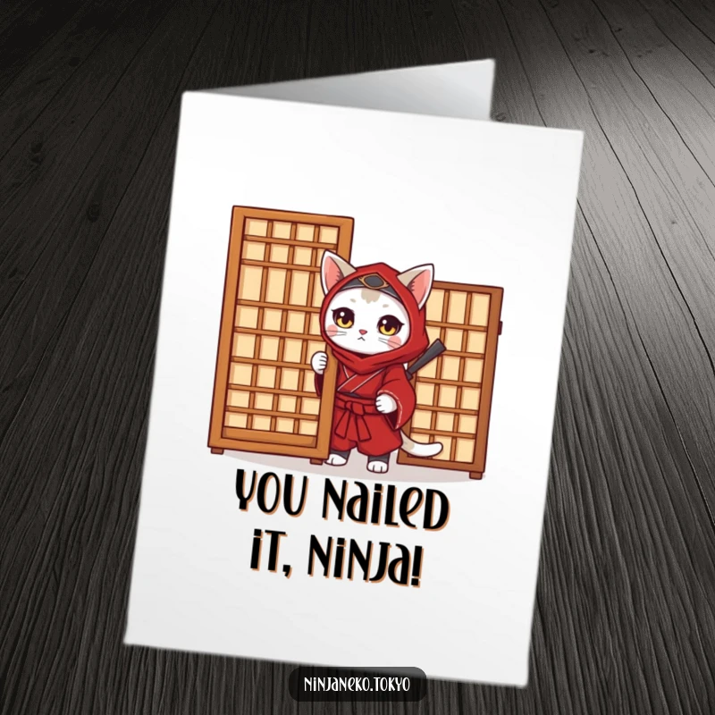 Funny Free Printable Ninja Cat Congrats Card, a stealthy cat in a red kimono giving a sly nod of congratulations.