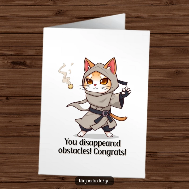 Funny Free Printable Ninja Cat Congratulations Card: A ninja cat in a flowing kimono readies a smoking pellet, adding an element of surprise.