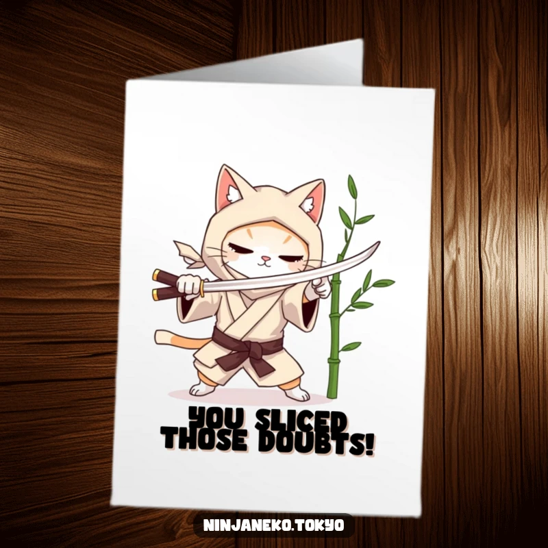 Funny Free Printable Congrats Card: Focused ninja cat in a kimono practicing mock swordplay, celebrating a triumph with humor.