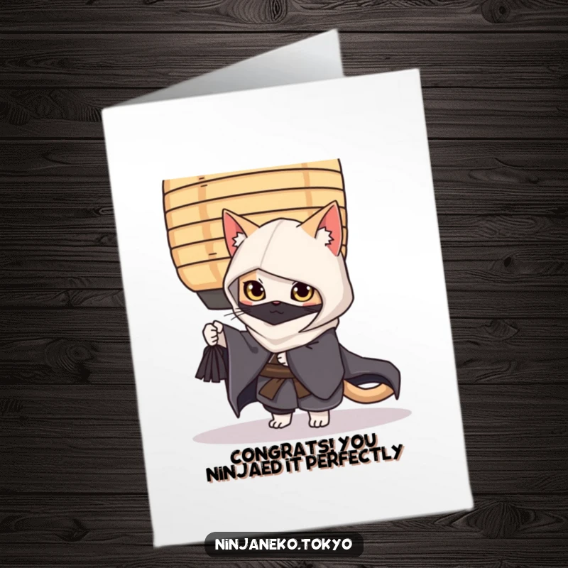 Funny Free Printable Ninja Cat Congratulations Card showing a sly cat in a kimono celebrating a win.