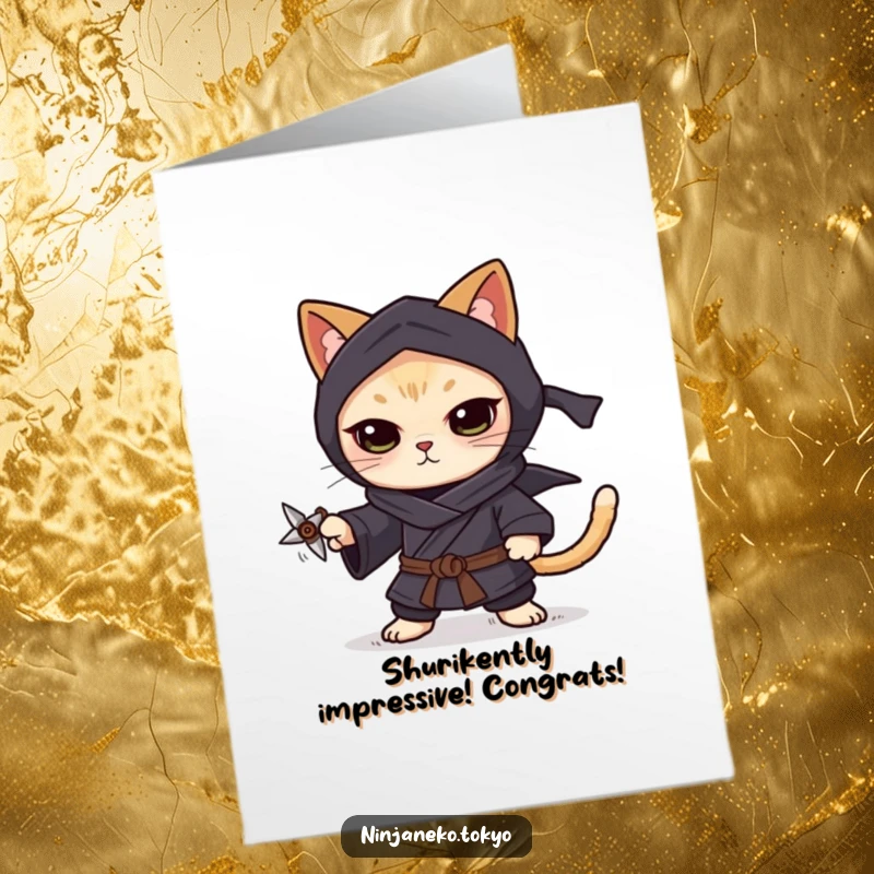 Funny Free Printable Ninja Cat Congratulations Card featuring a focused cat in a dark kimono balancing a shuriken.