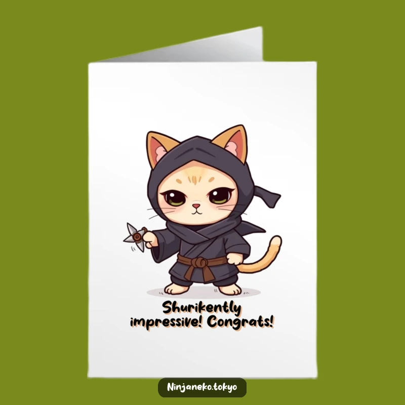 Free Printable Ninja Cat Congratulations Card: Shuriken Balance Downloadable