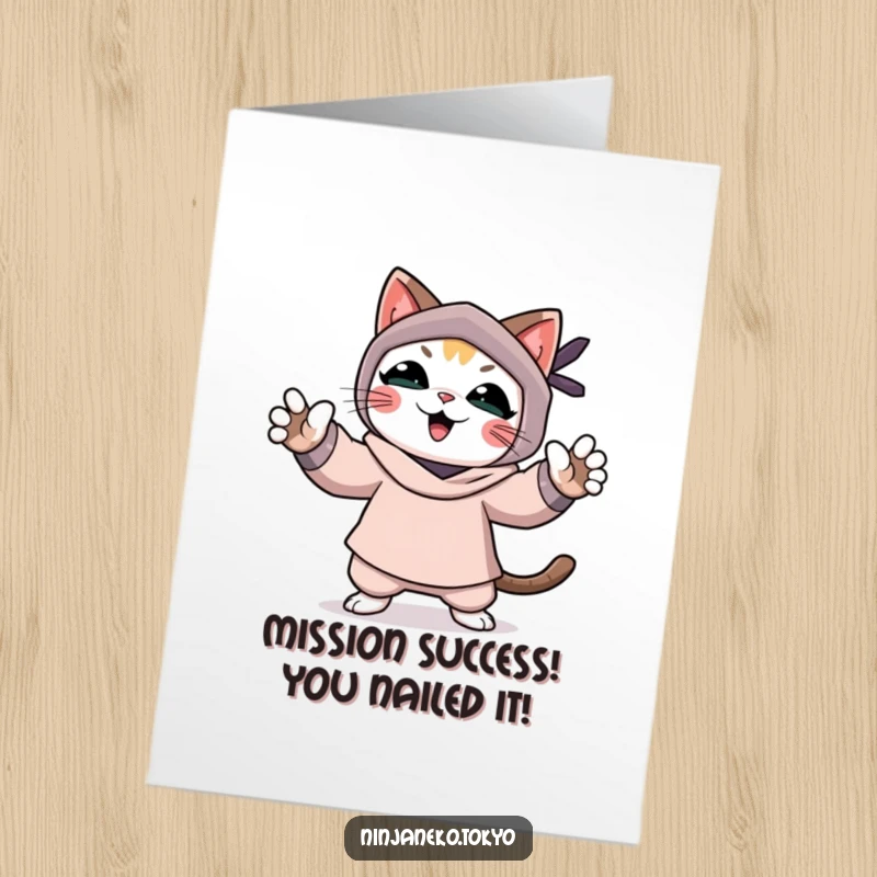 Funny Free Printable Ninja Cat Congratulations Card: A triumphant ninja cat with paws up, a downloadable symbol of their awesome success.