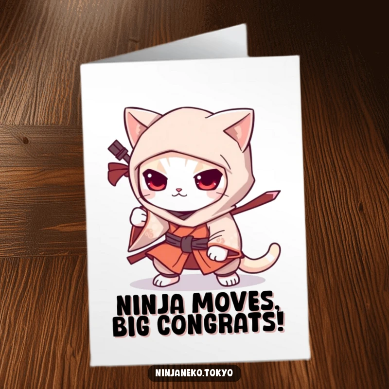 Free Printable Congratulations Card: A ninja cat in a kimono crouches, ready to congratulate with silent, humorous approval.