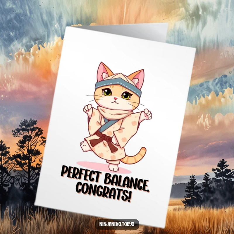 Free Printable Congratulations Card: A ninja cat in a patterned kimono balances on one paw, celebrating success with feline grace.