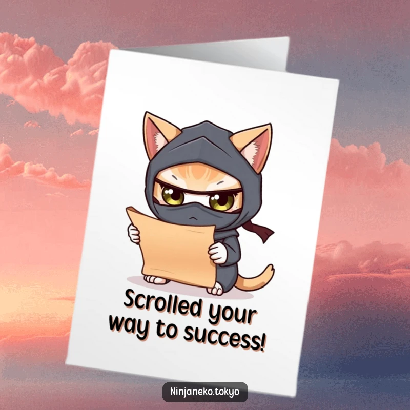 Funny Free Printable Congratulations Card: A ninja cat with intense eyes studying a miniature scroll.