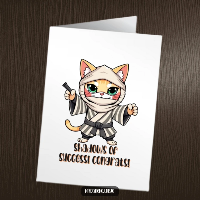 Funny Free Printable Congrats Card: A determined ninja cat in a striped kimono ready for action, celebrating victory.