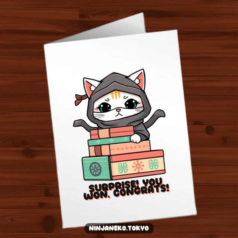 Funny Free Printable Congratulations Card: A ninja cat hiding behind decorative boxes, ready to reveal a surprise.