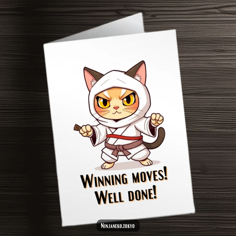 Funny Free Printable Ninja Cat Congratulations Card: A ninja cat in a traditional kimono in a firm defensive stance, ready to celebrate.