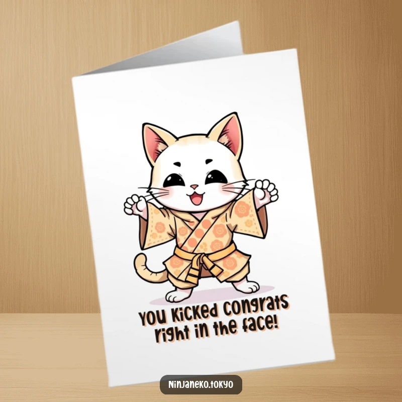Funny Free Printable Ninja Cat Congratulations Card showing a cat in a kimono delivering a powerful ninja kick.
