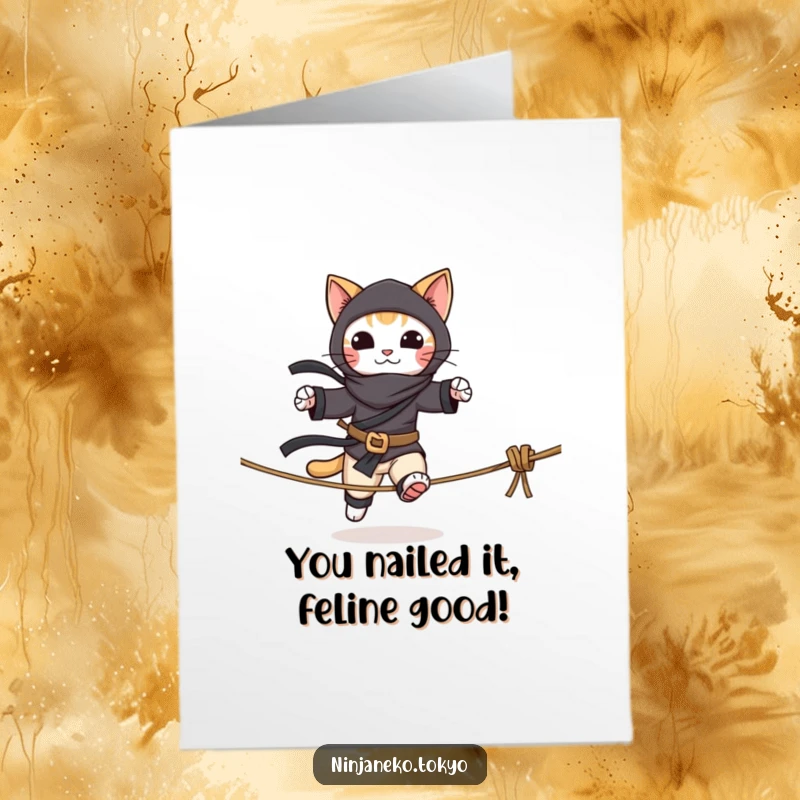 Funny Free Printable Congratulations Card: A skilled ninja cat expertly balancing on a rope tightrope.