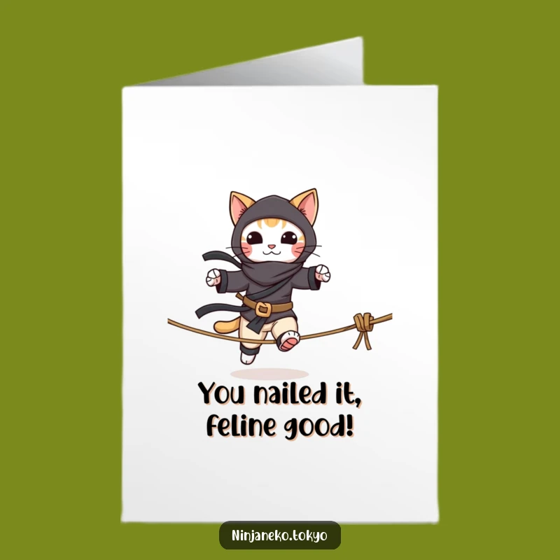 Congrats Free Printable Card: Ninja Cat Tightrope Success, Downloadable